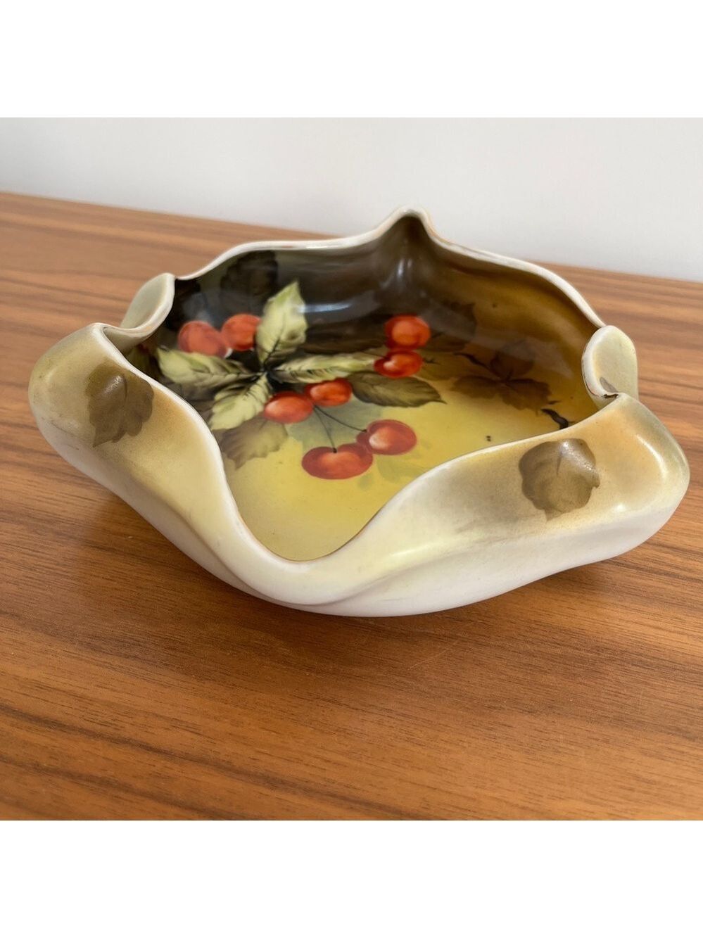 VINTAGE Ceramic Bowl Cherry Cluster Leaf Pattern Fluted Edge Art Deco Style